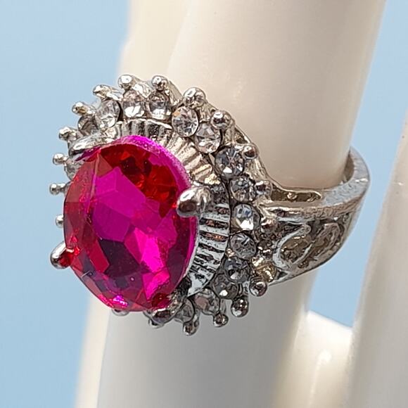 Vintage Pink Glass Cocktail Ring, Size 6.25, Clear Rhinestones, Silver Tone - Picture 1 of 10